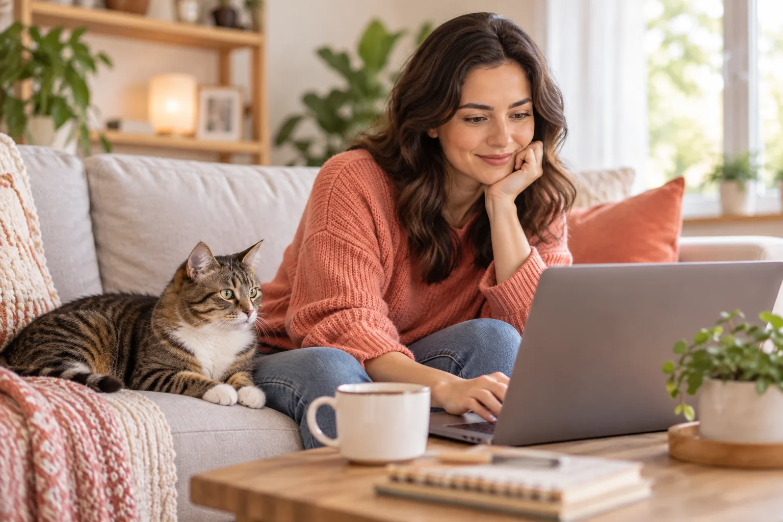 Owner with a cat and laptop at home