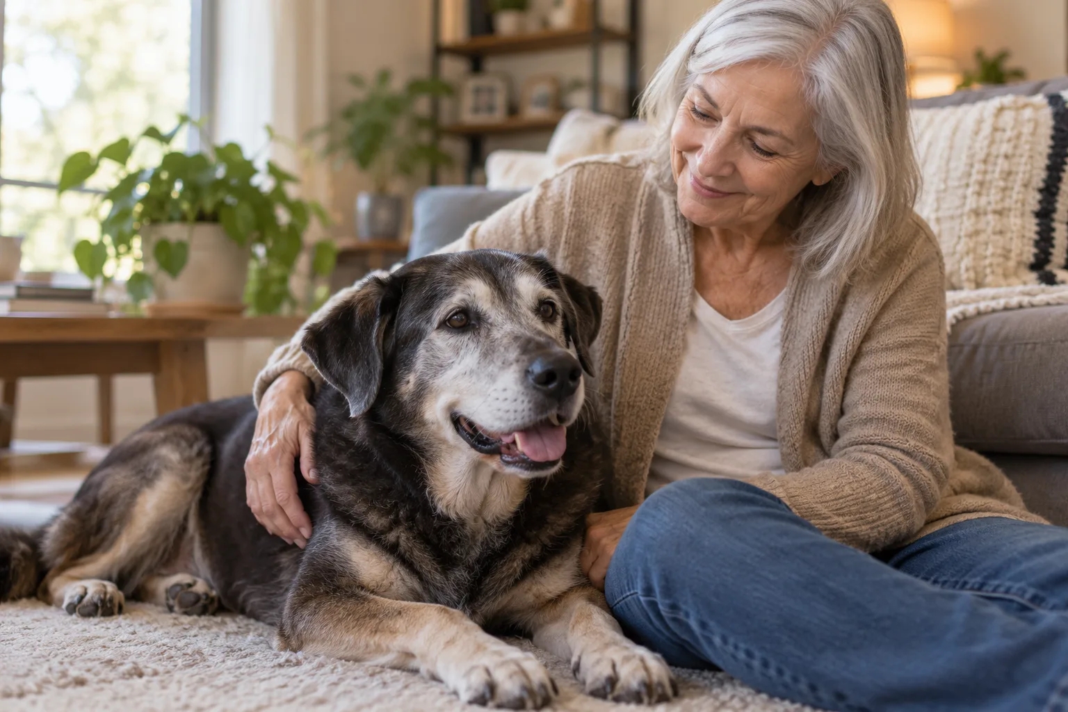 Gray-muzzled dog sitting beside an older adult at home